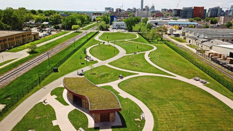 McPike Park from drone with view of city