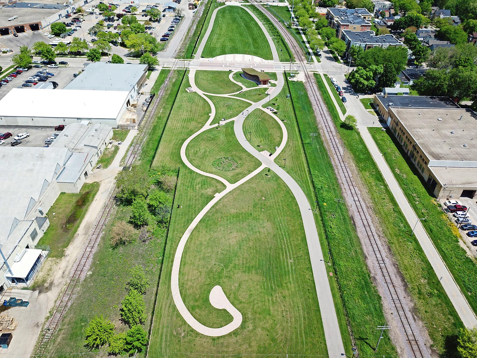 McPike Park from drone with view of city