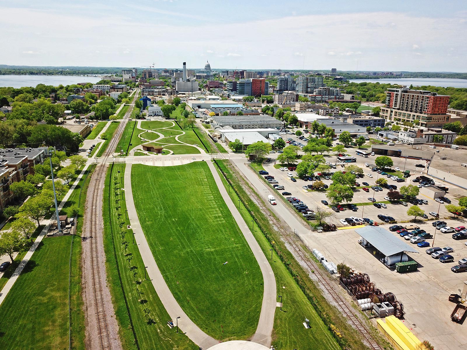 McPike Park from drone with view of city