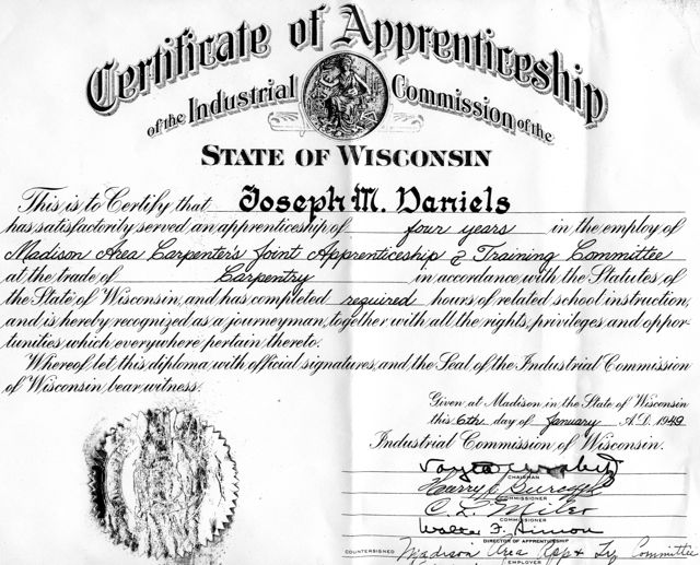 Joe Sr's Certificate of apprenticeship