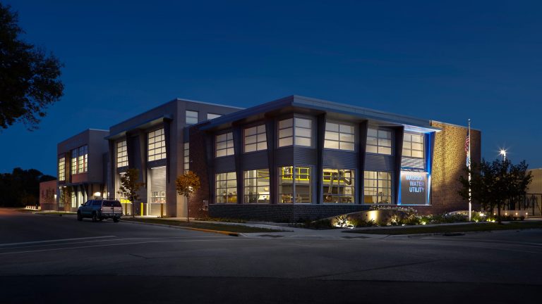 Madison Water Utility at night, illuminated signage